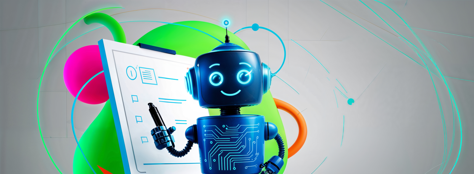 An illuminated, blue toy robot with a friendly expression holds a black pen to a checklist on a digital tablet, while surrounded by 3D geometric shapes and abstract energy lines in a conceptual background.